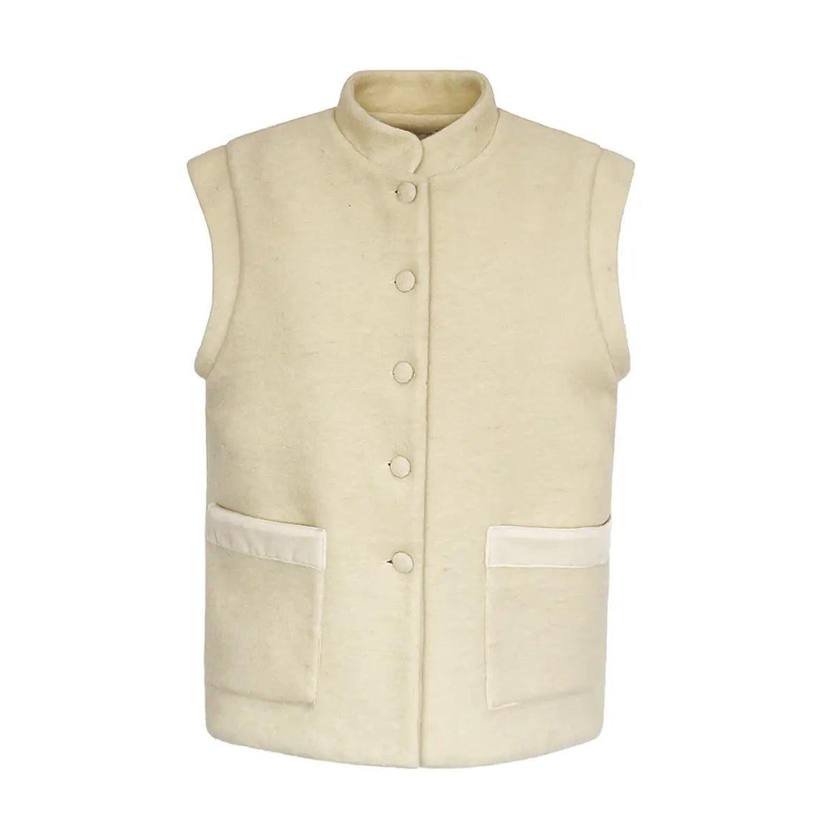 gilet GILDA di Alessandra Gallo in lana cotta panna con bottoni rivestiti, collo alla coreana, bordi in velluto sulle tasche applicate - vista frontale - The Wool collection