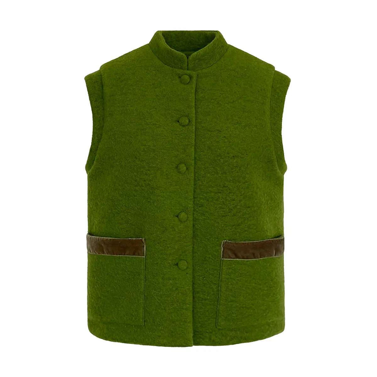 gilet GILDA di Alessandra Gallo in lana cotta verde con bottoni rivestiti, collo alla coreana, bordi in velluto sulle tasche applicate - vista frontale - The Wool collection
