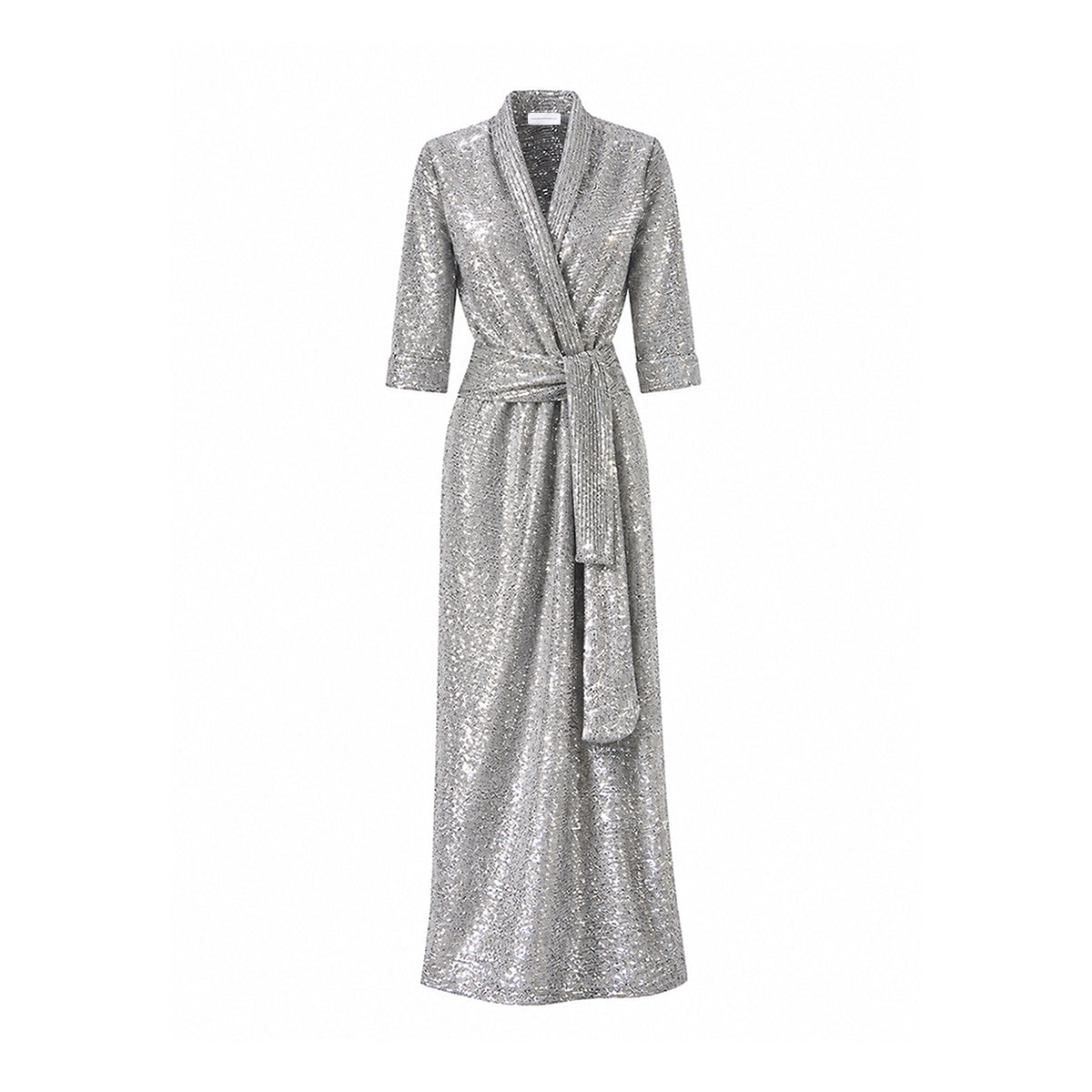 GINEVRA, abito lungo in paillettes argento con revers e cintura annodata.