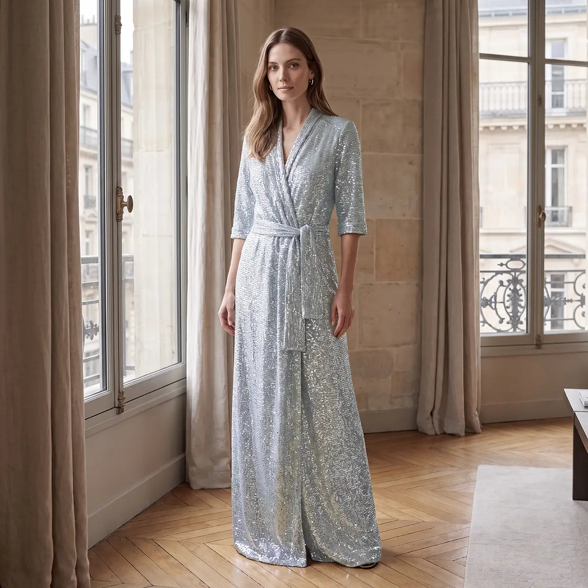 GINEVRA, abito lungo in paillettes azzurre con revers e cintura annodata, su modella.