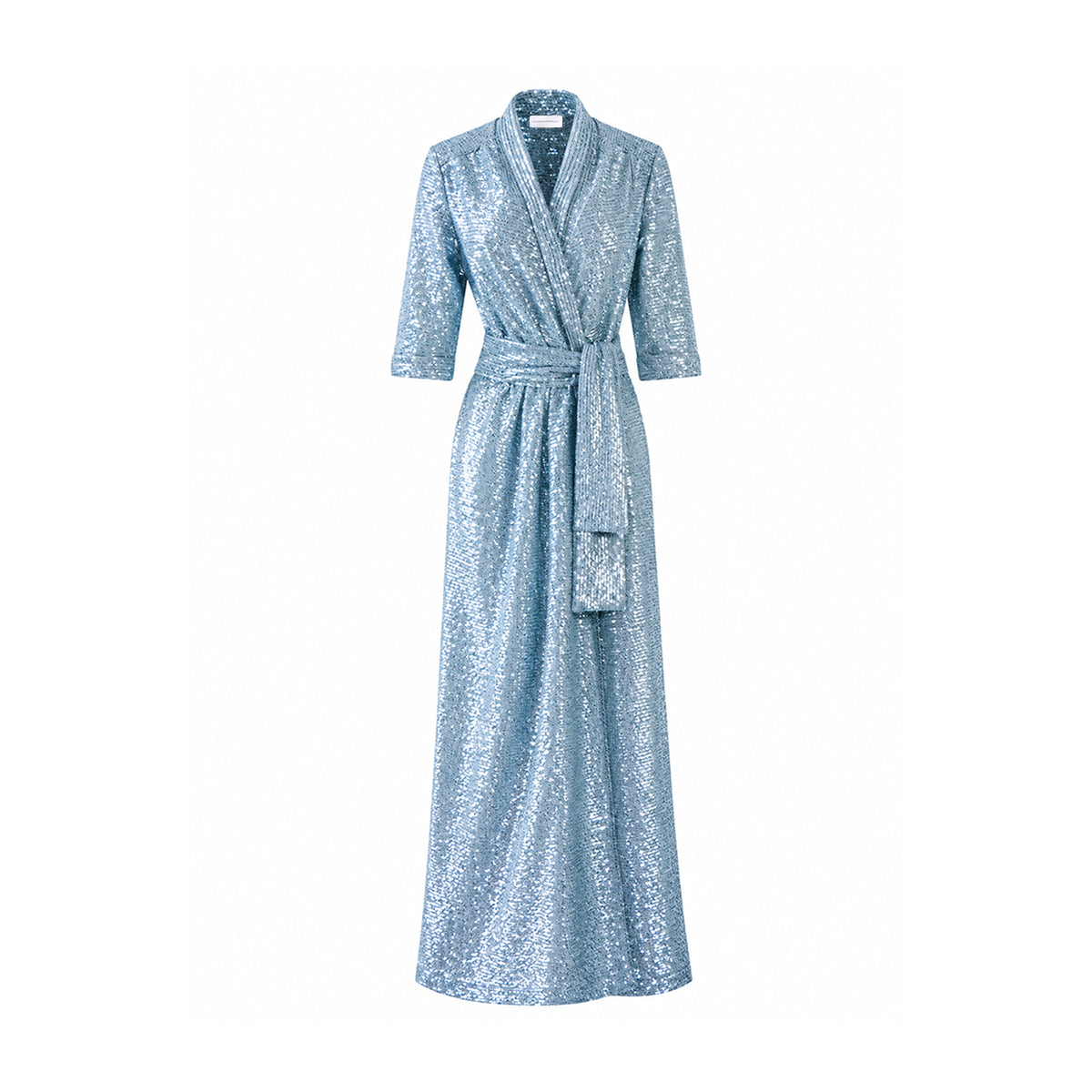 GINEVRA, abito lungo in paillettes azzurre con revers e cintura annodata.