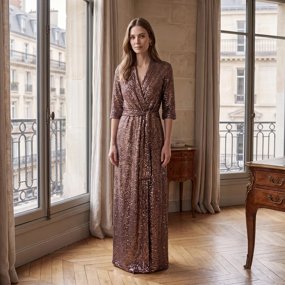 GINEVRA, abito lungo in paillettes marroni con revers e cintura annodata, su modella.