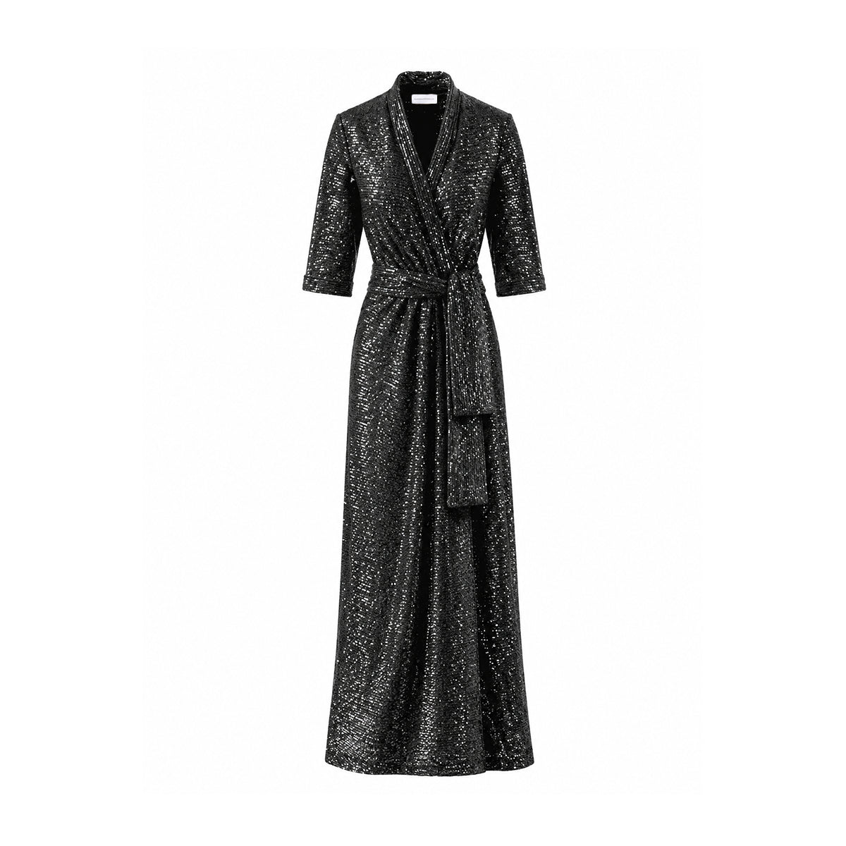 GINEVRA, abito lungo in paillettes nere con revers e cintura annodata.
