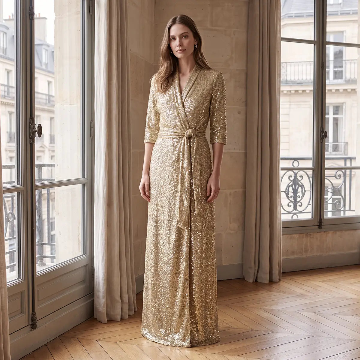 GINEVRA, abito lungo in paillettes oro con revers e cintura annodata, su modella.