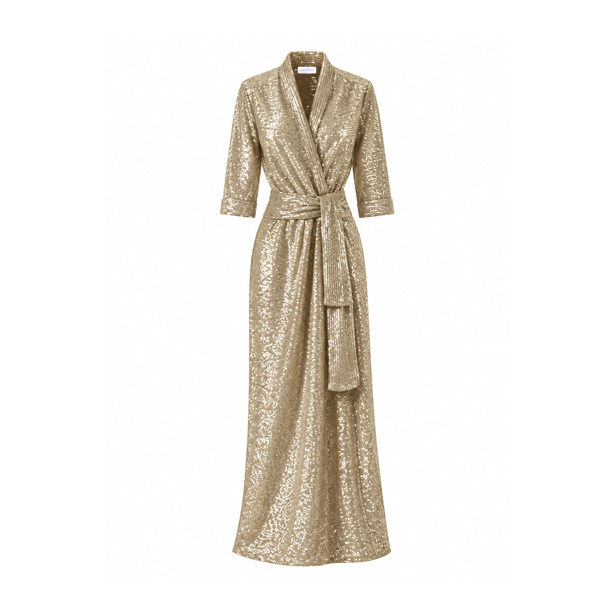 GINEVRA, abito lungo in paillettes oro con revers e cintura annodata.