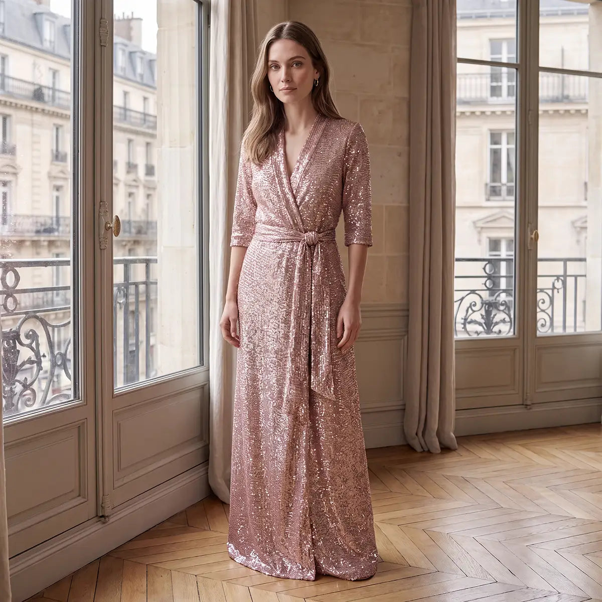 GINEVRA, abito lungo in paillettes rosa con revers e cintura annodata, su modella.