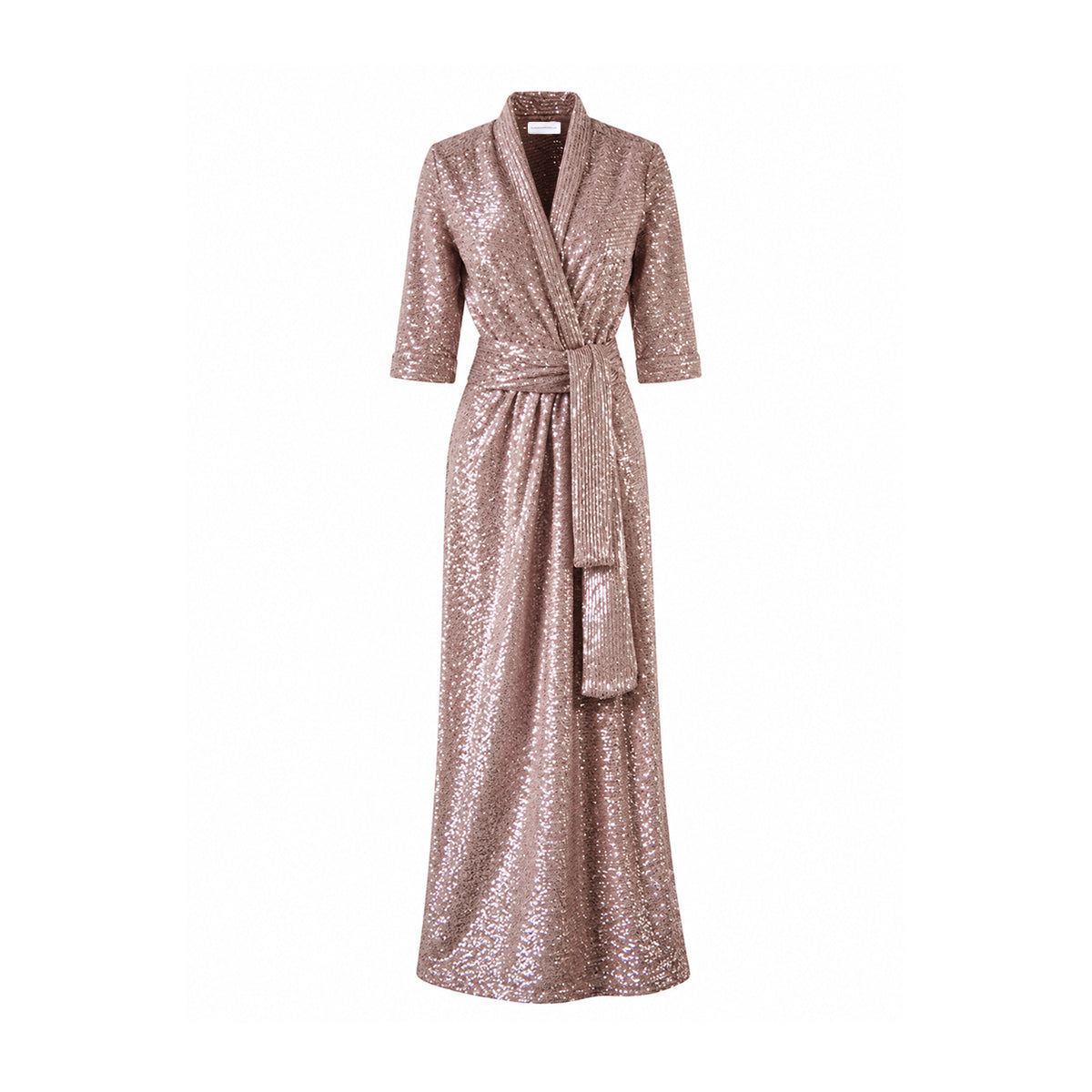 GINEVRA, abito lungo in paillettes rosa con revers e cintura annodata.
