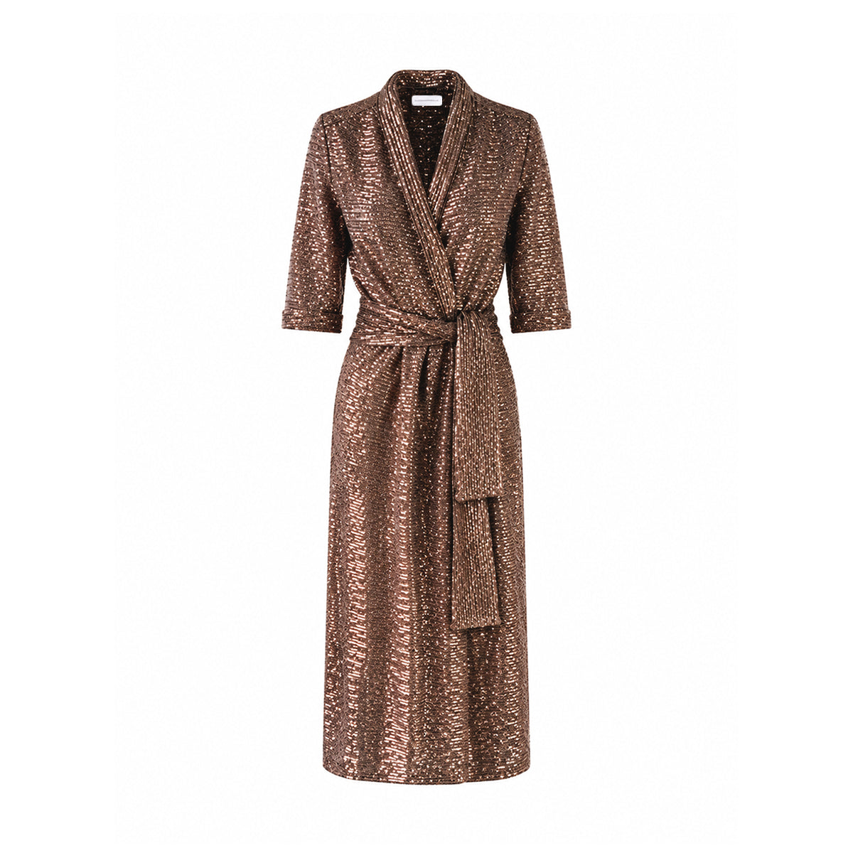GINEVRA MIDI, abito midi in paillettes marroni con revers e cintura annodata.