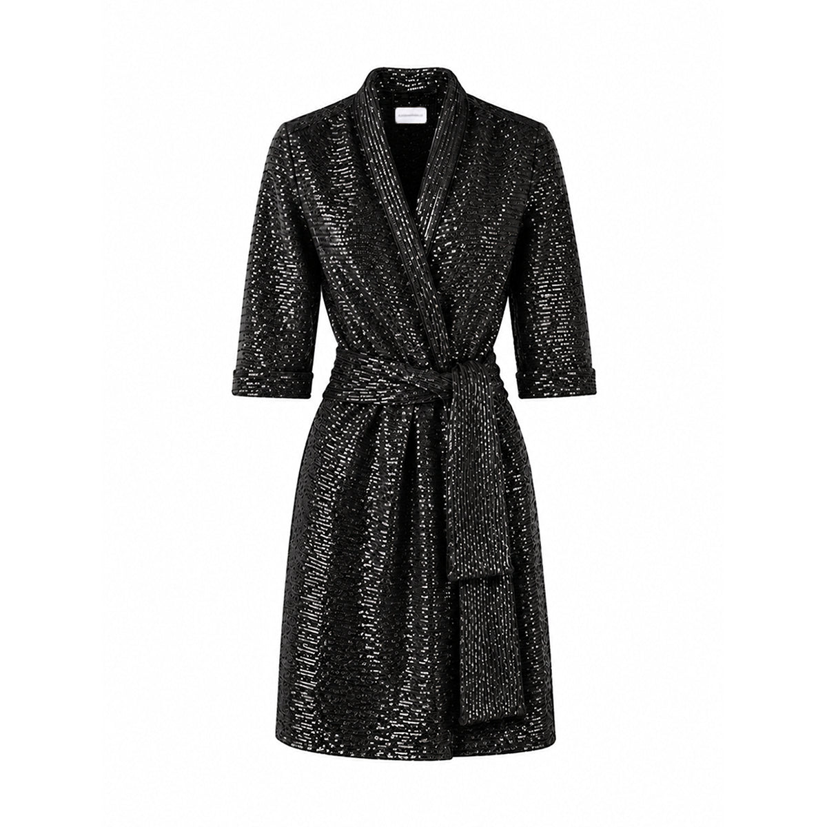 GINEVRA MINI, abito corto in paillettes nere con revers e cintura annodata.
