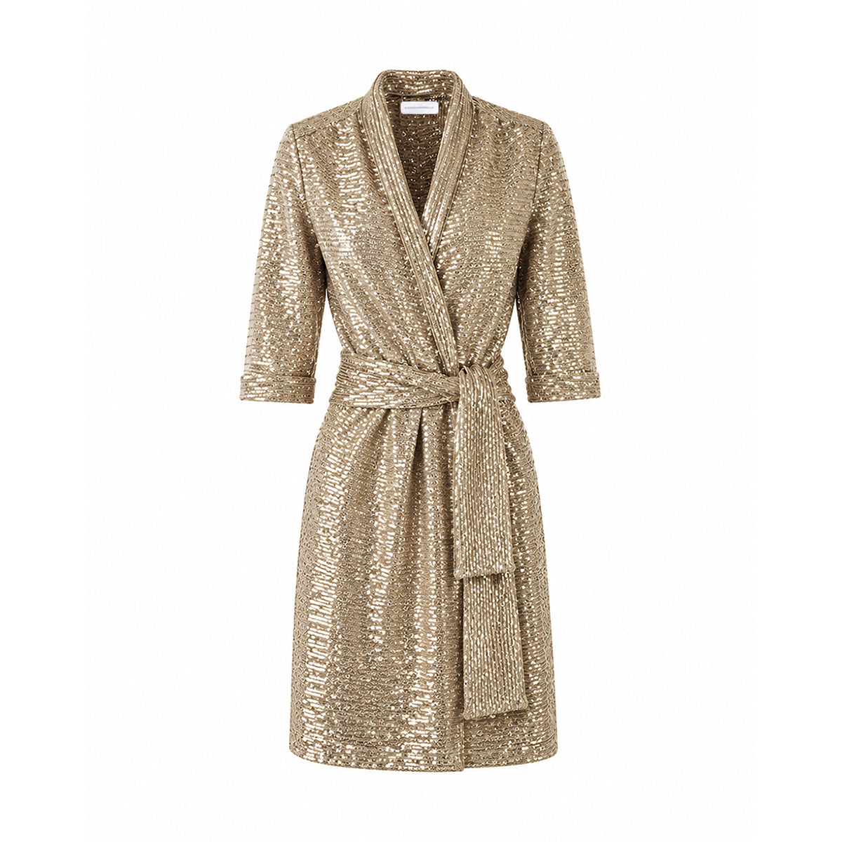 GINEVRA MINI, abito corto in paillettes oro con revers e cintura annodata.
