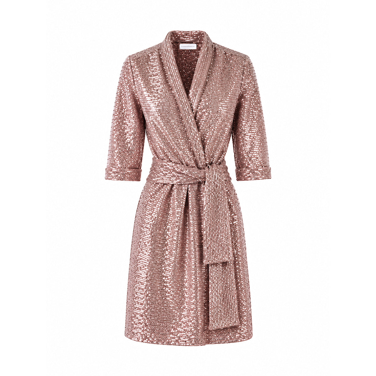 GINEVRA MINI, abito corto in paillettes rosa con revers e cintura annodata.