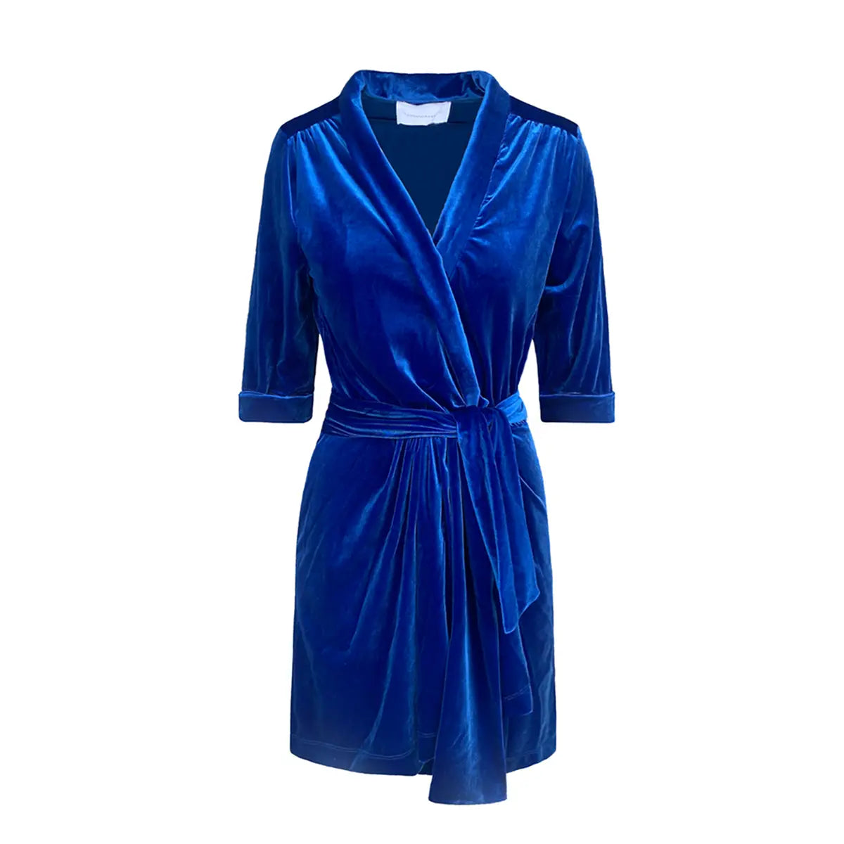 abito corto GINEVRA MINI di Alessandra Gallo in ciniglia bluette, con maniche 3/4, scollo a V, fusciacca in vita rimovibile - vista frontale - day&night collecttion