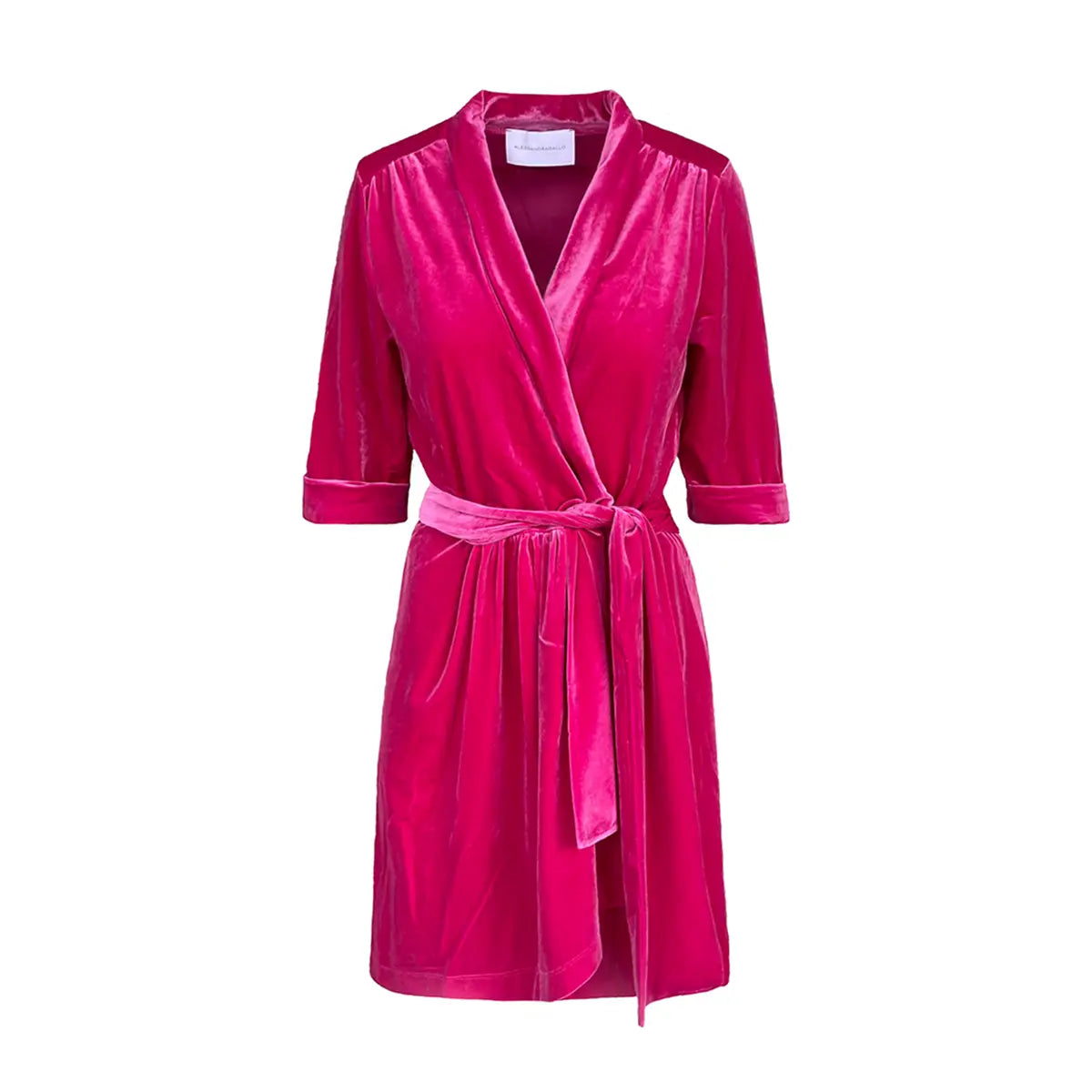 abito corto GINEVRA MINI di Alessandra Gallo in ciniglia fucsia, con maniche 3/4, scollo a V, fusciacca in vita rimovibile - vista frontale - day&night collecttion