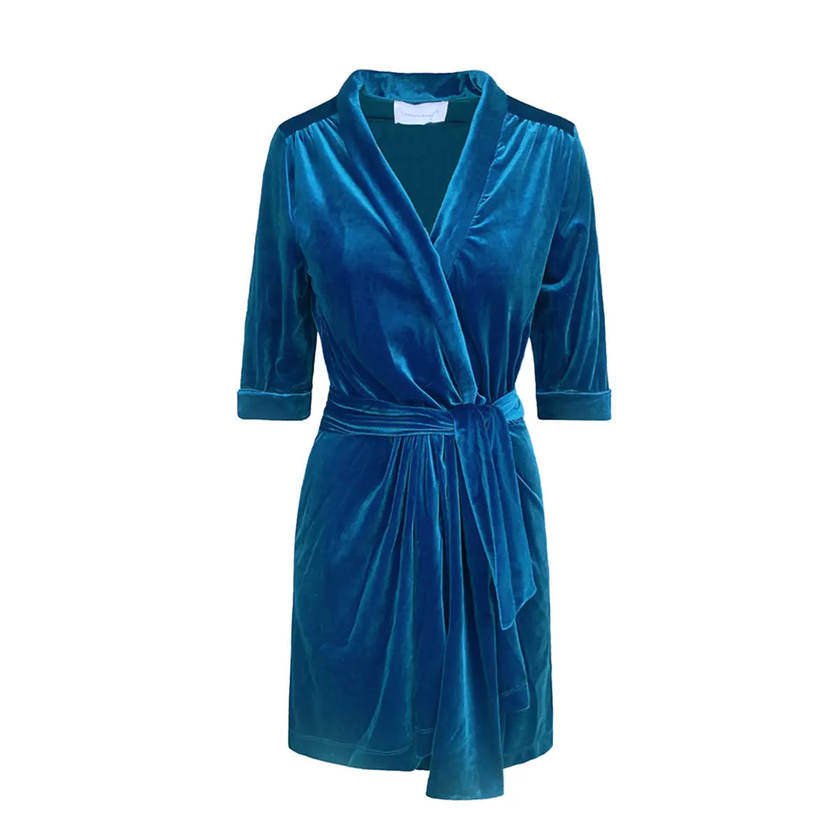 abito corto GINEVRA MINI di Alessandra Gallo in ciniglia ottanio, con maniche 3/4, scollo a V, fusciacca in vita rimovibile - vista frontale - day&night collecttion