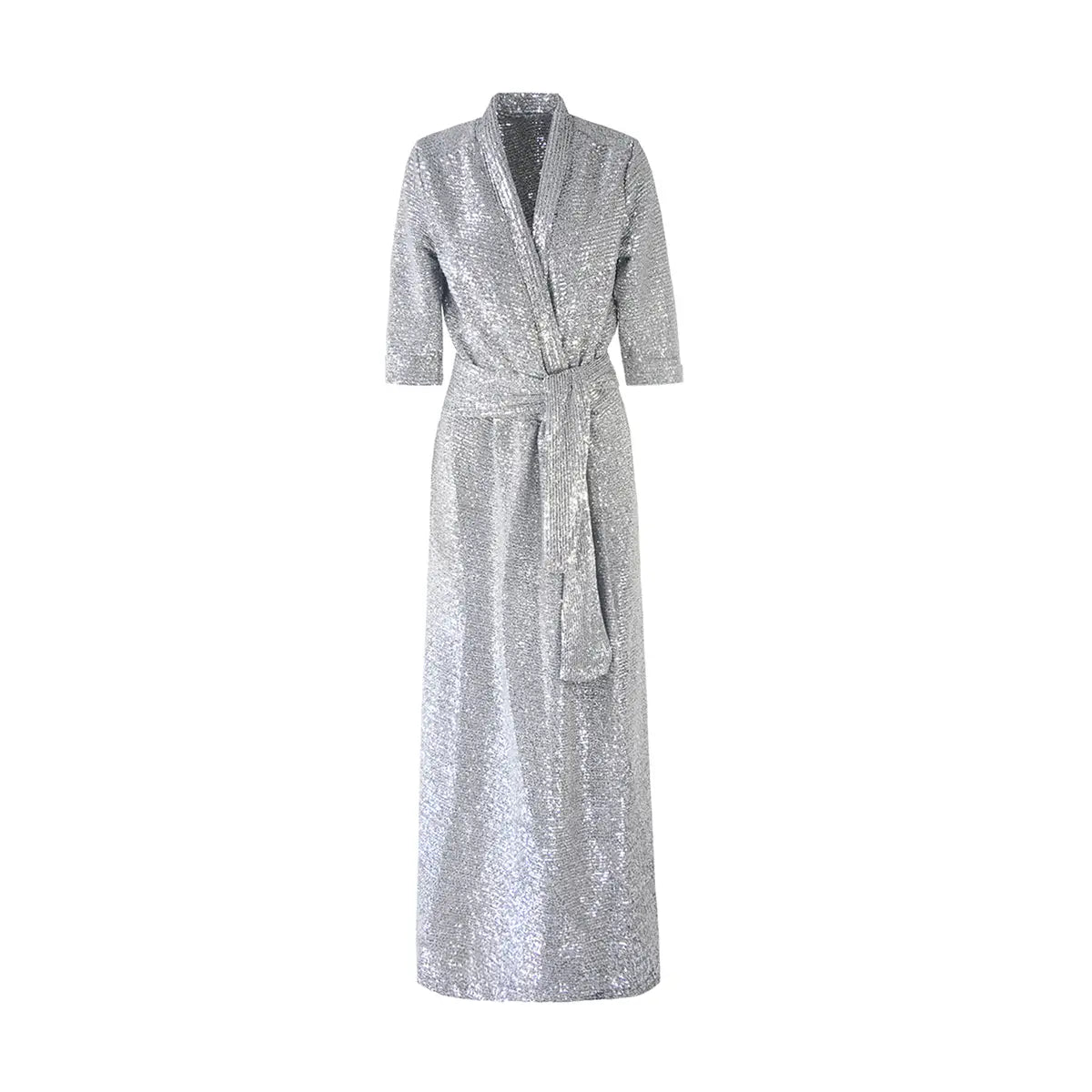 Abito lungo a portafoglio GINEVRA di Alessandra Gallo in paillettes argento con maniche corte, scollo a V e cintura in vita  - vista frontale -  The Light Collection