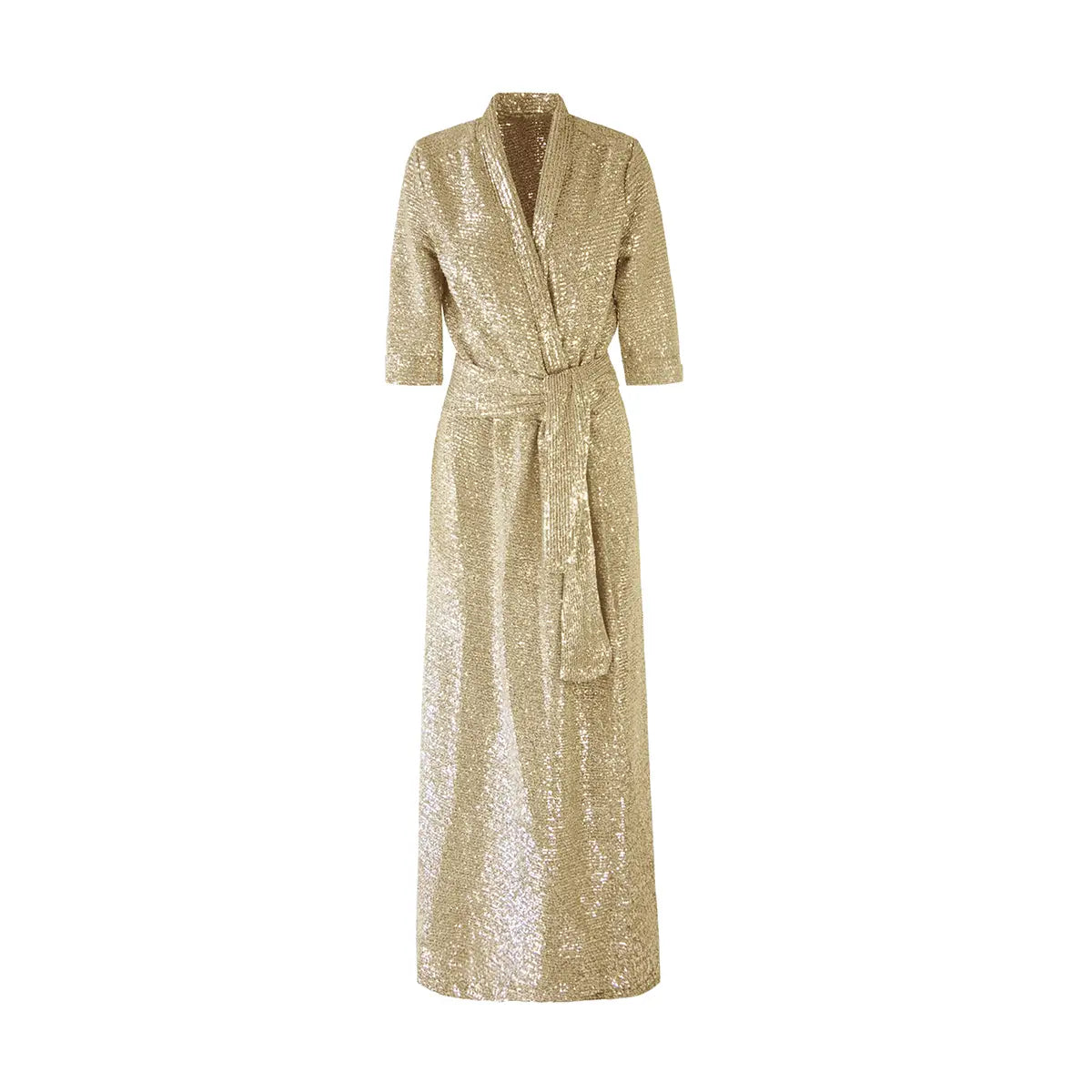 Abito lungo a portafoglio GINEVRA di Alessandra Gallo in paillettes oro con maniche corte, scollo a V e cintura in vita  - vista frontale -  The Light Collection