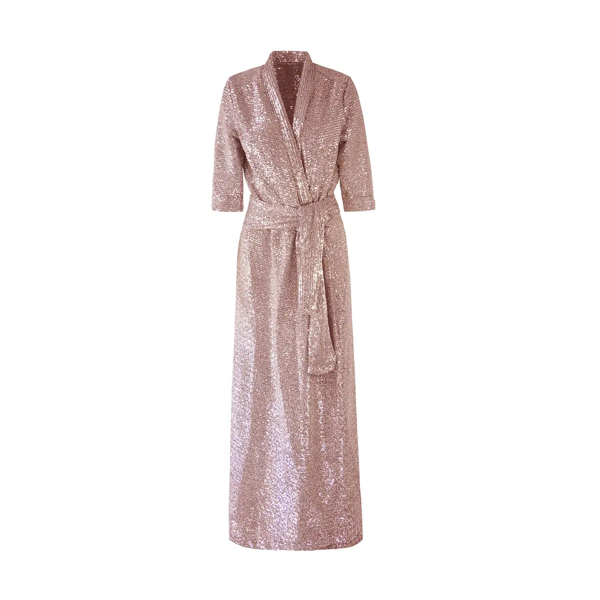 Abito lungo a portafoglio GINEVRA di Alessandra Gallo in paillettes rosa con maniche corte, scollo a V e cintura in vita  - vista frontale -  The Light Collection