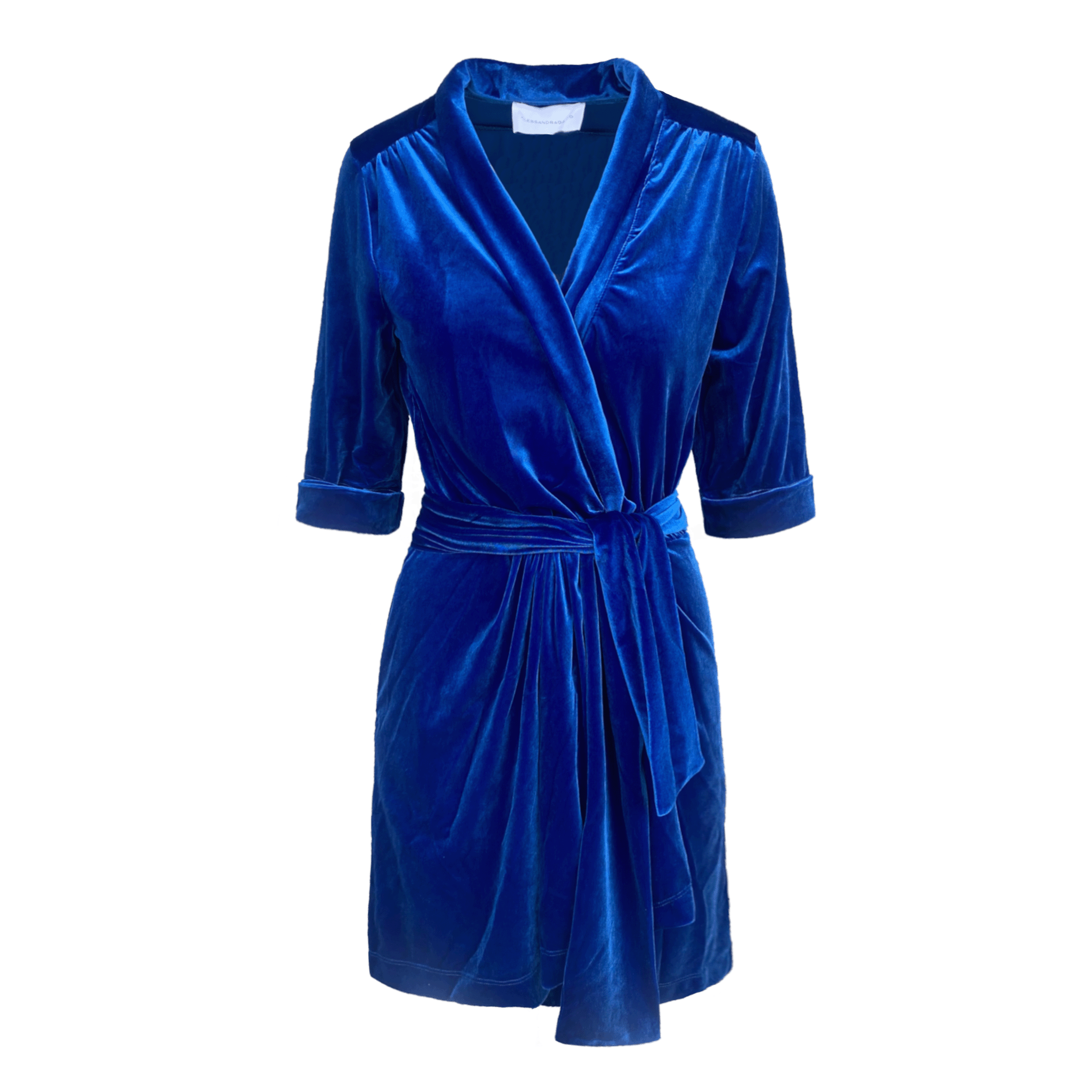 abito corto GINEVRA MINI di Alessandra Gallo in ciniglia bluette, con maniche 3/4, scollo a V, fusciacca in vita rimovibile - vista frontale - day&night collecttion