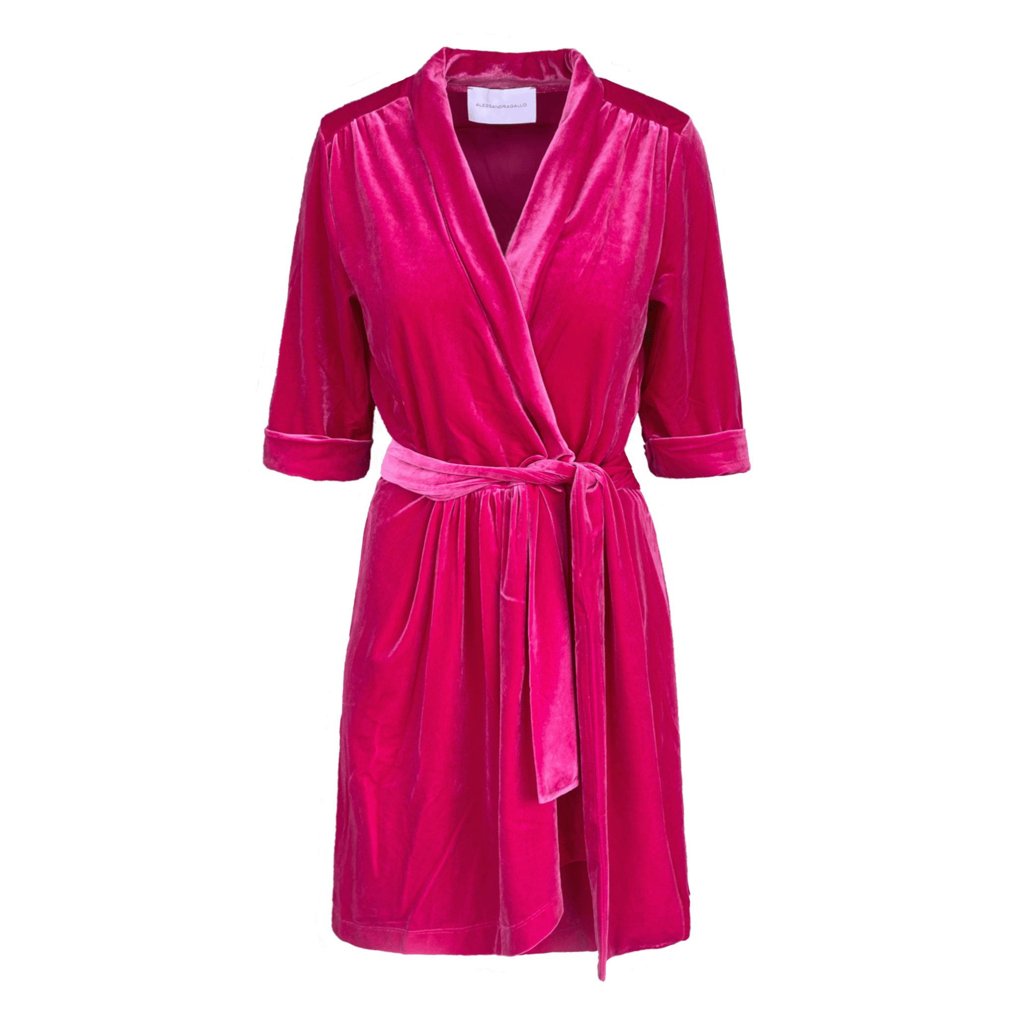 GINEVRA MINI abito corto ciniglia fucsia - vista frontale con scollo a V di Alessandra Gallo - day&night collection
