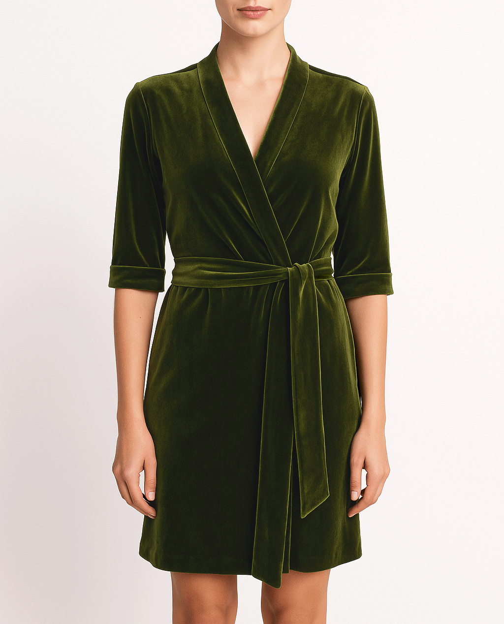 GINEVRA MINI abito corto in ciniglia verde - vista frontale con maniche 3/4, con scollo a V di Alessandra Gallo - day&night collection