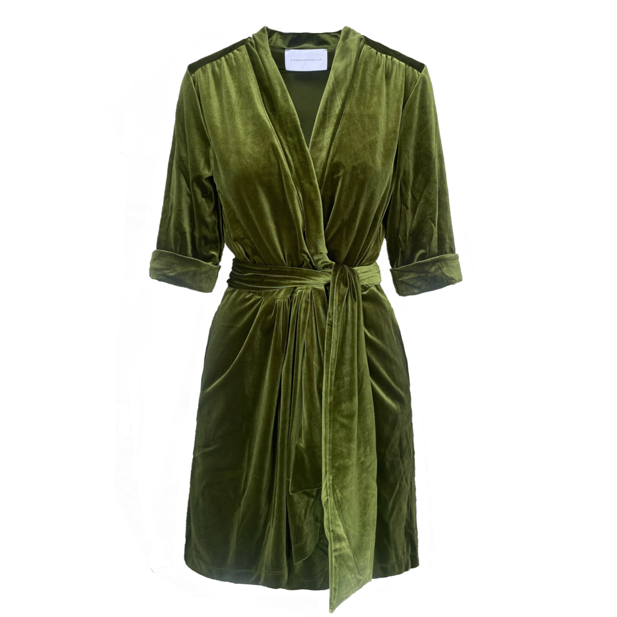 GINEVRA MINI abito corto in ciniglia verde - vista frontale con maniche 3/4, con scollo a V di Alessandra Gallo - day&night collection