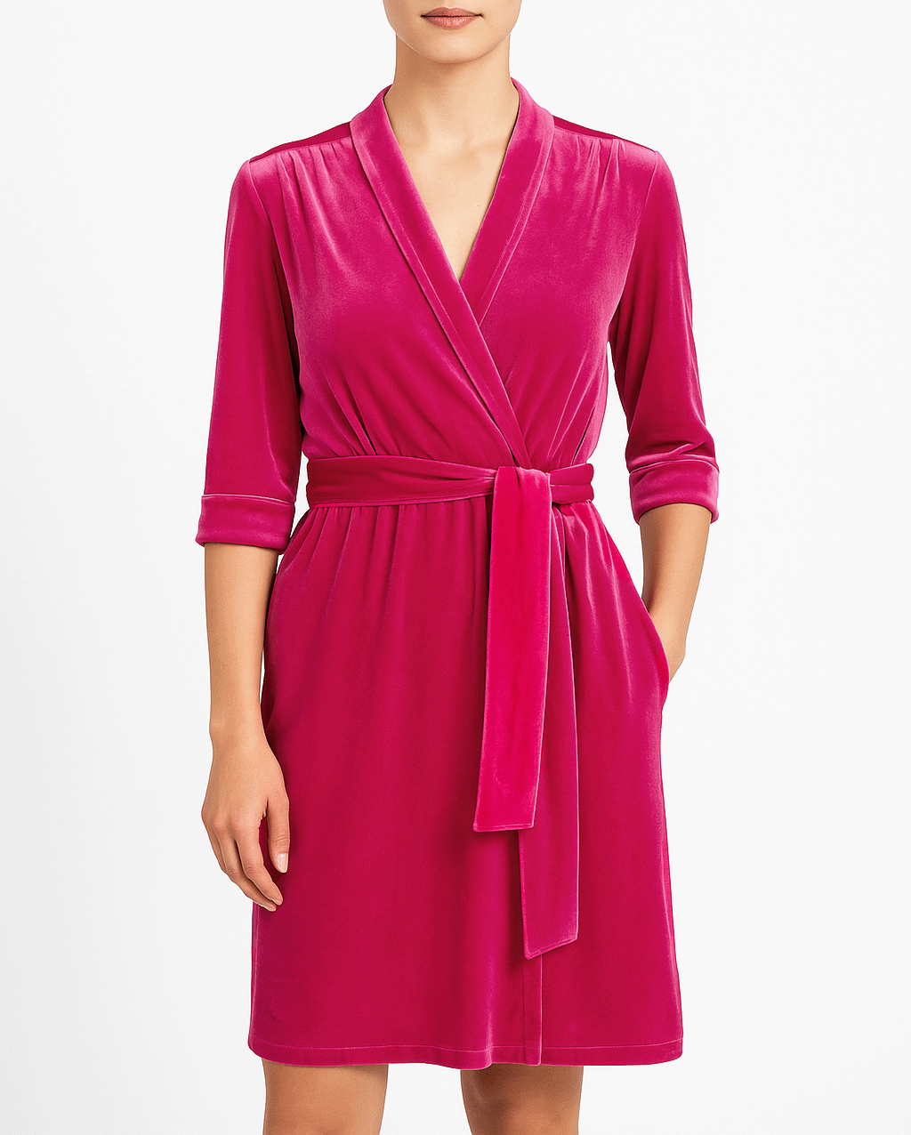 GINEVRA MINI abito corto ciniglia fucsia - indossato da modella frontale con scollo a V di Alessandra Gallo - day&night collection
