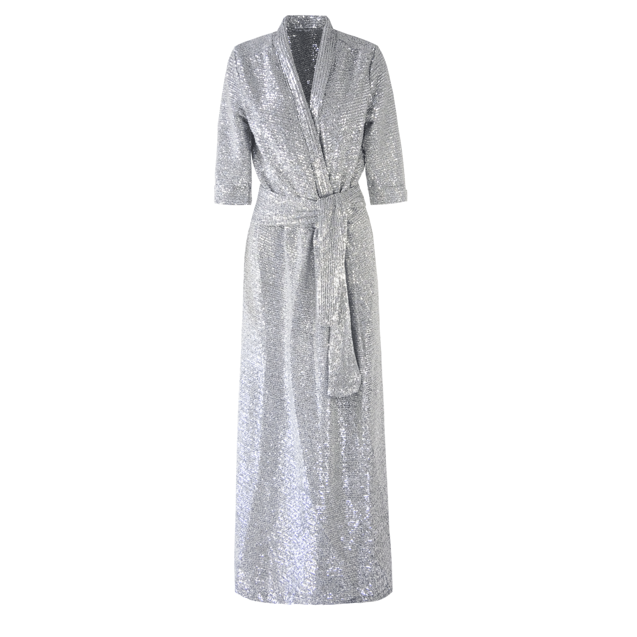 Abito GINEVRA paillettes argento - vista frontale scollo V The Light Collection