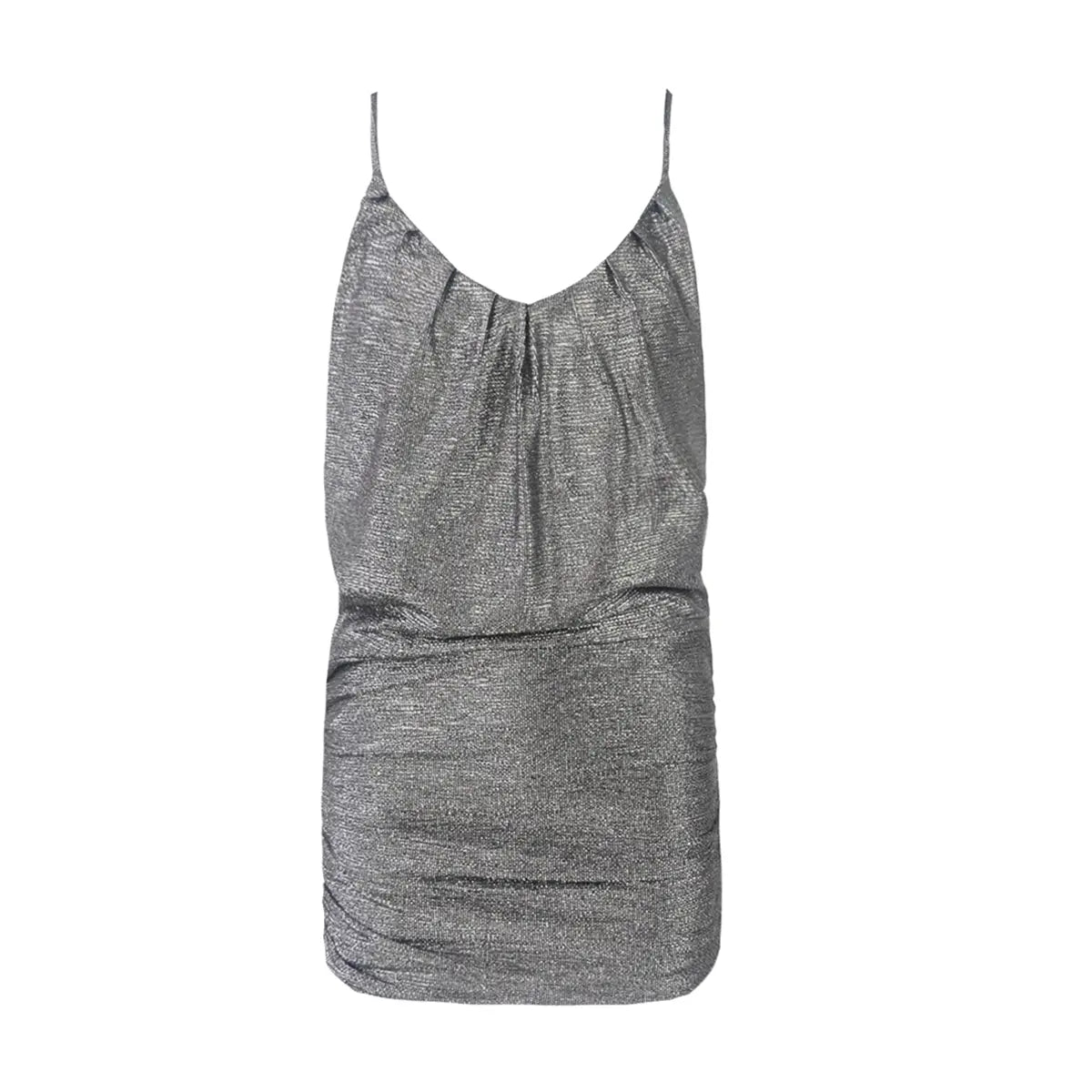 GIOIA, abito corto in lurex antracite con spalline sottili e gonna drappeggiata.