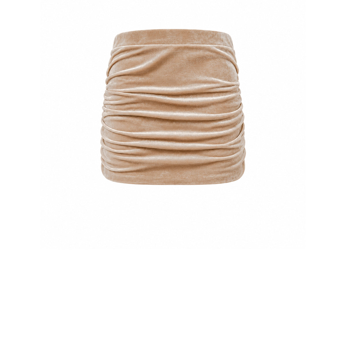NINA, minigonna drappeggiata in ciniglia beige.