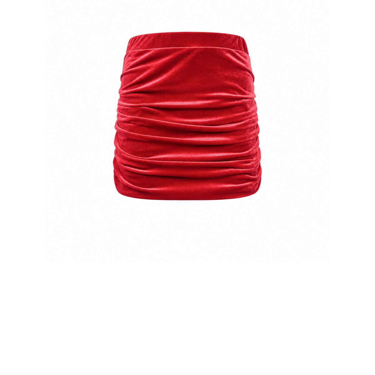 NINA, minigonna drappeggiata in ciniglia rossa.
