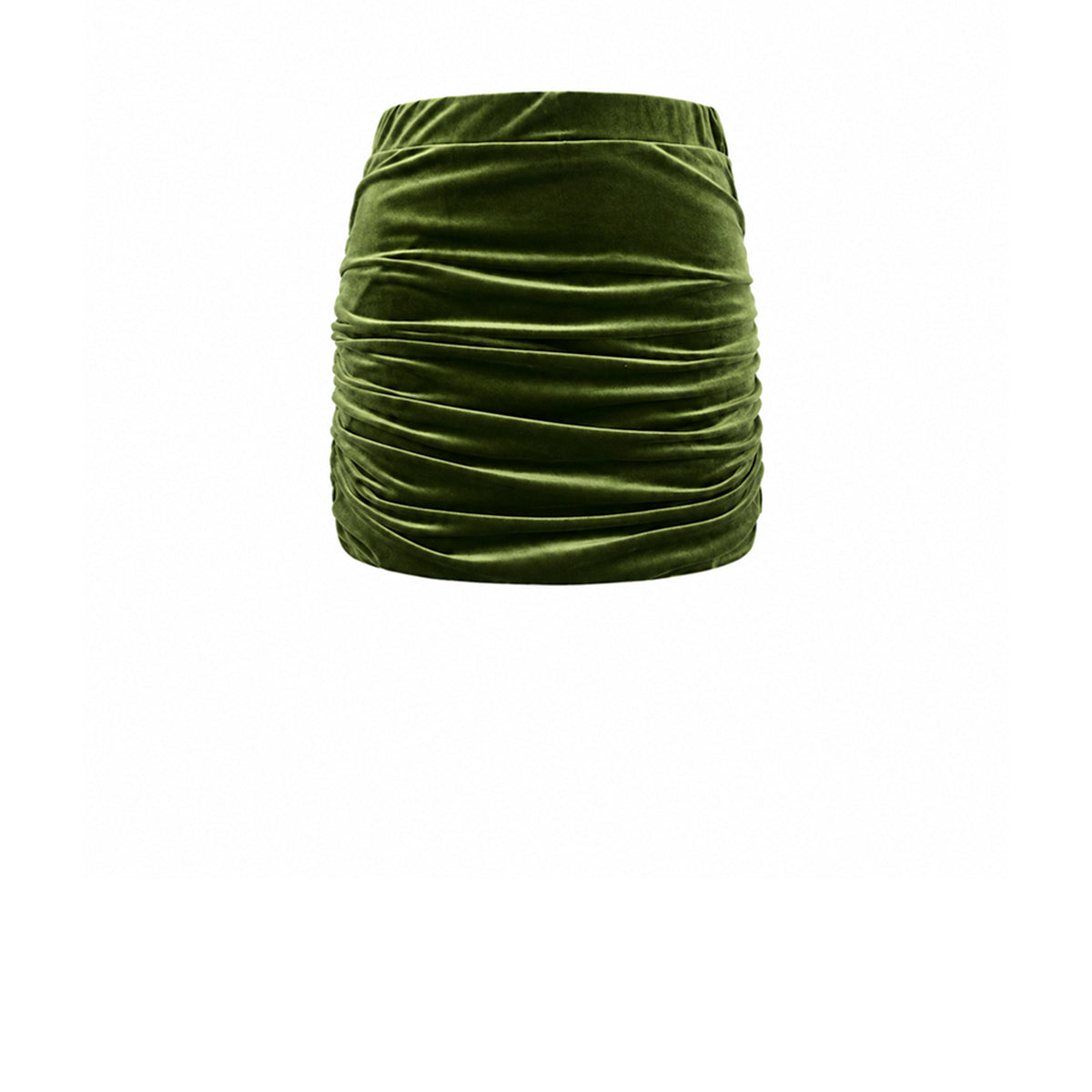 NINA, minigonna drappeggiata in ciniglia verde.