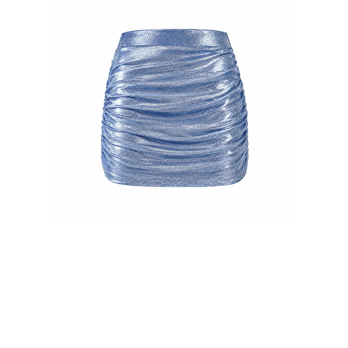 NINA, minigonna drappeggiata in lurex azzurro.