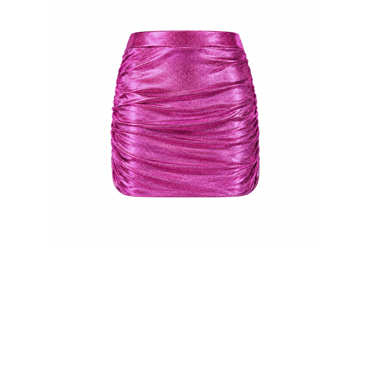 NINA, minigonna drappeggiata in lurex fucsia.
