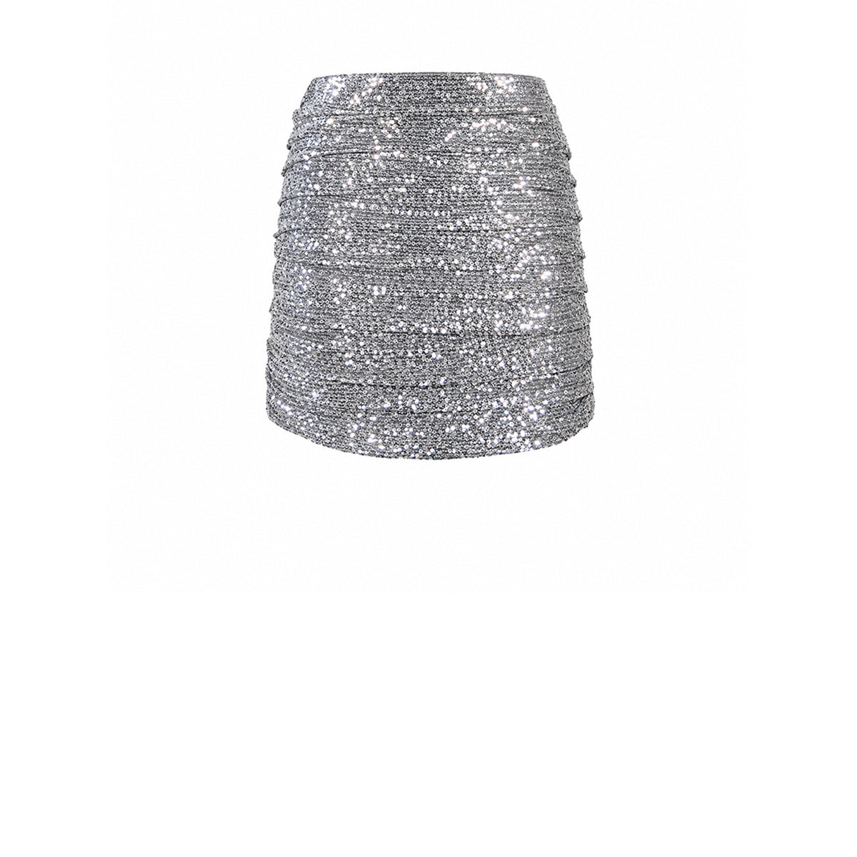 NINA, minigonna drappeggiata in paillettes argento.
