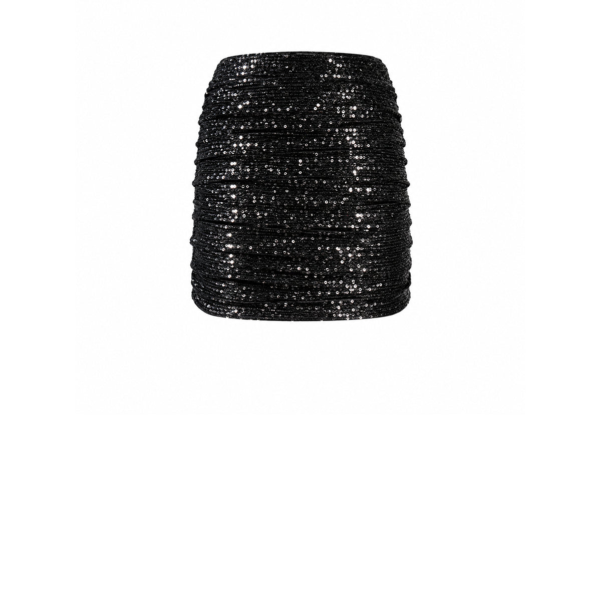 NINA, minigonna drappeggiata in paillettes nere.