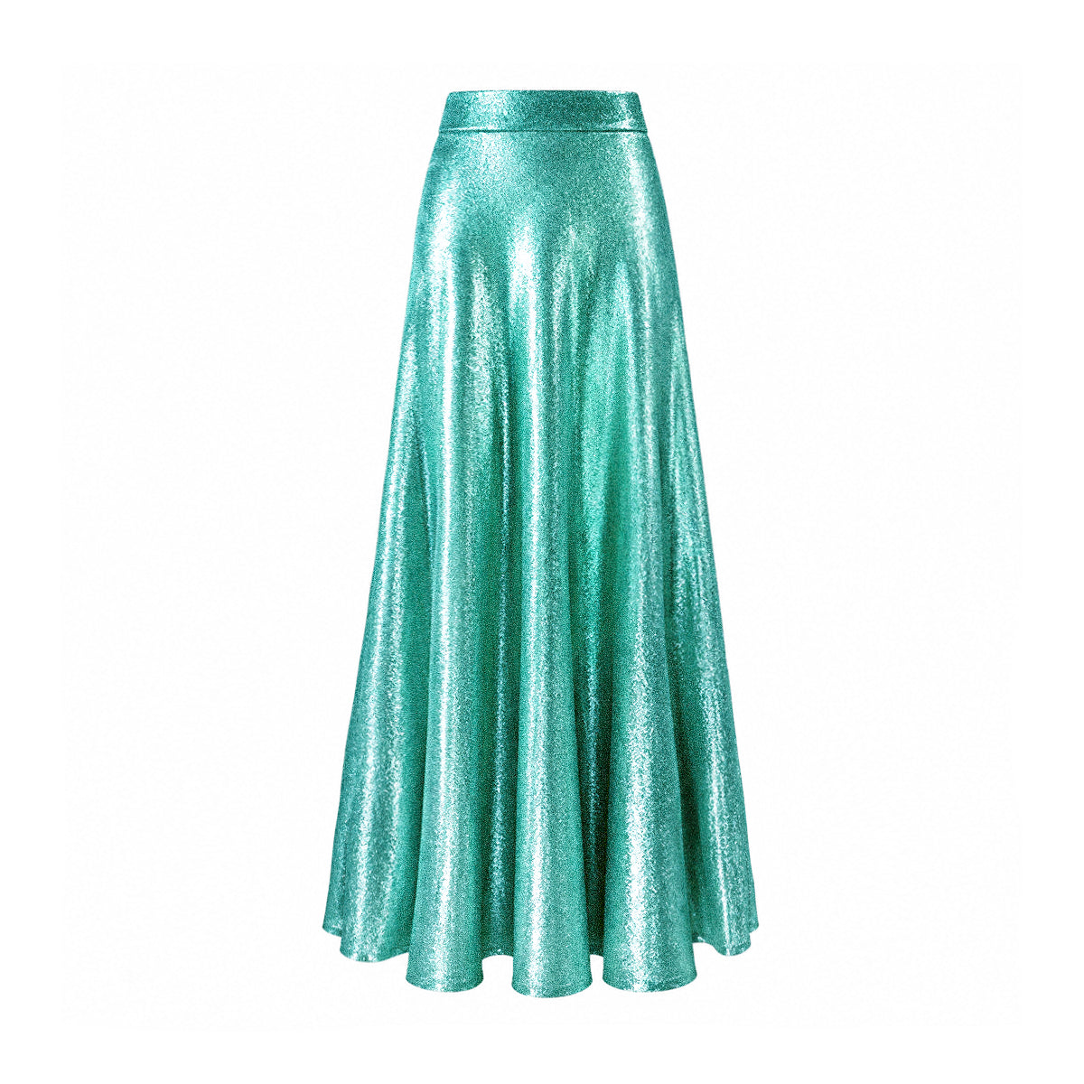 TOSCA, gonna lunga in lurex verde con linea svasata.