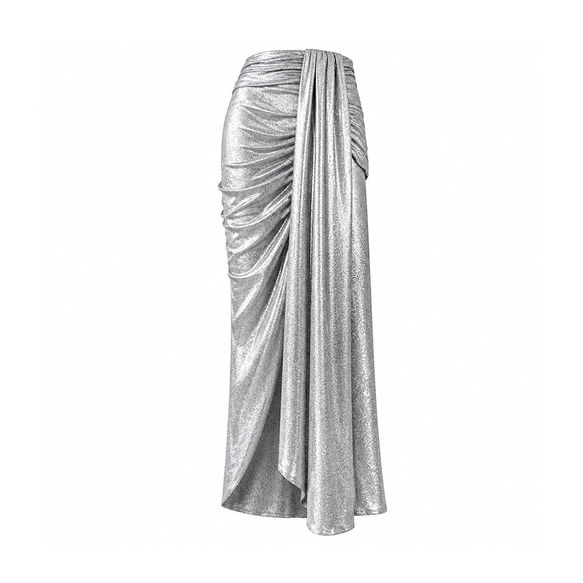 AMANDA, gonna lunga con spacco in lurex argento, drappeggio sul fianco.