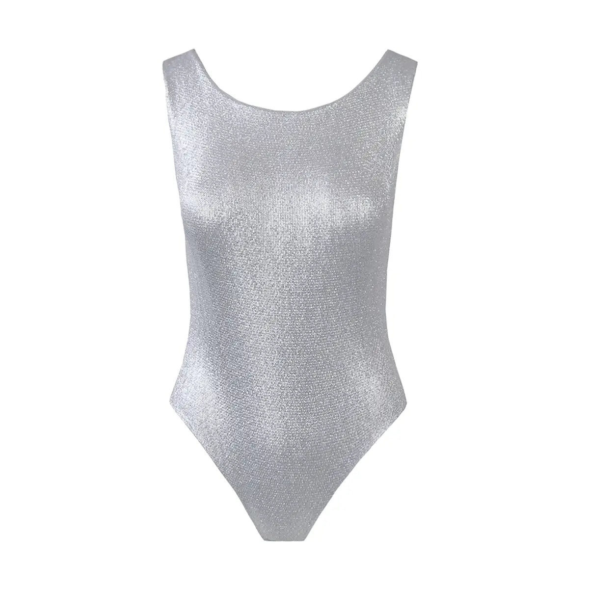 ILENIA, body in lurex argento con scollo rotondo e spalle larghe.