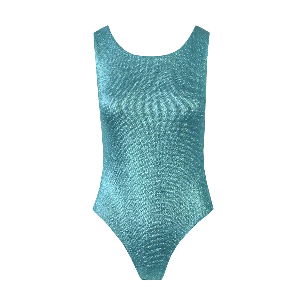 ILENIA, body in lurex verde con scollo rotondo e spalle larghe.