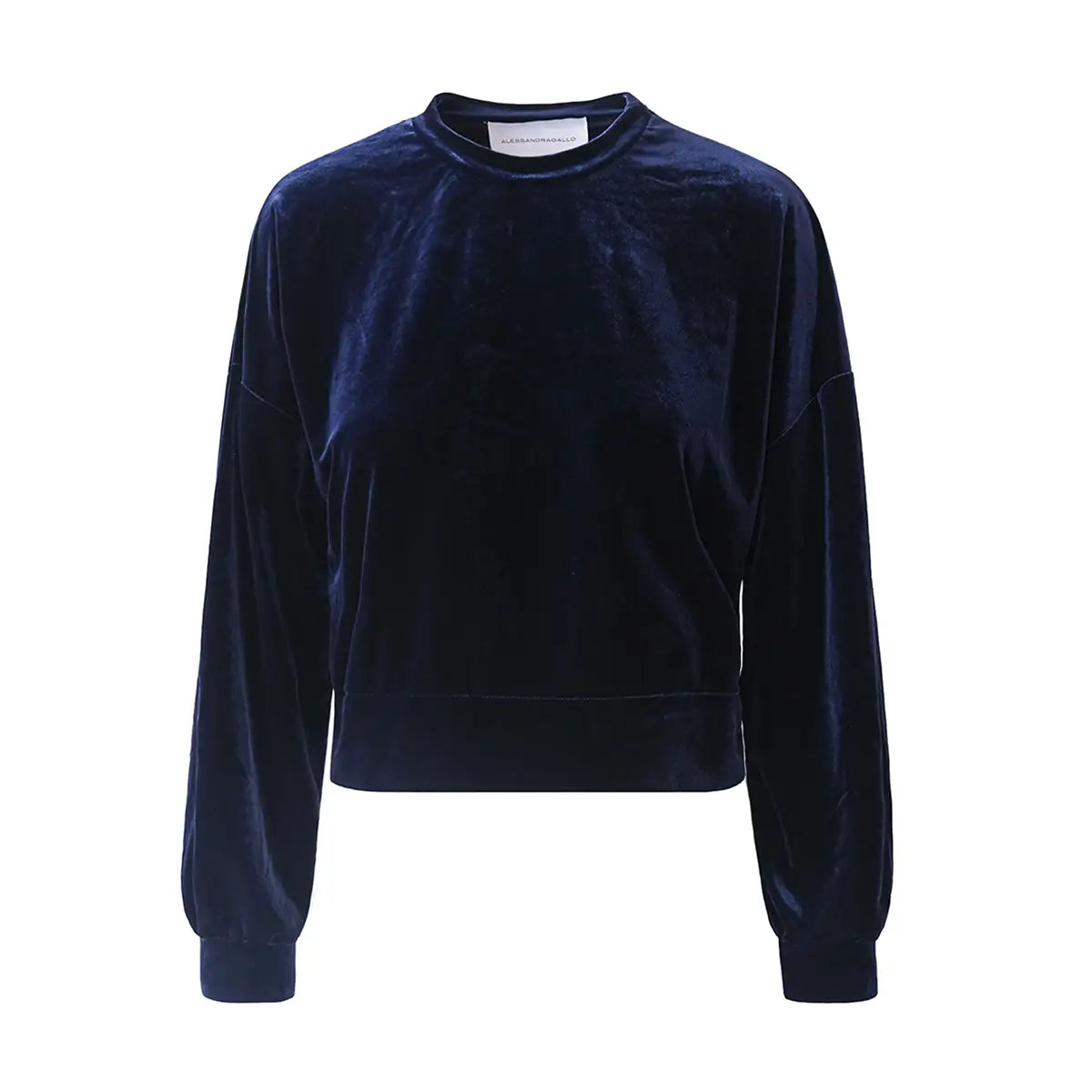 Felpa crop IOLE di Alessandra Gallo in ciniglia blu con girocollo e maniche lunghe - vista frontale - Day&Night Collection