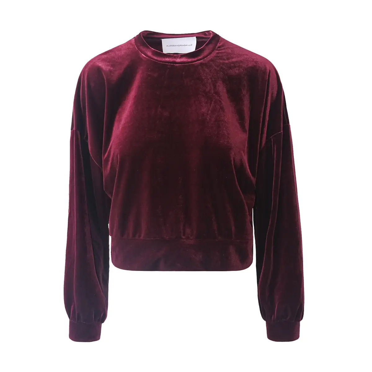 Felpa crop IOLE di Alessandra Gallo in ciniglia bordeaux con girocollo e maniche lunghe - vista frontale - Day&Night Collection