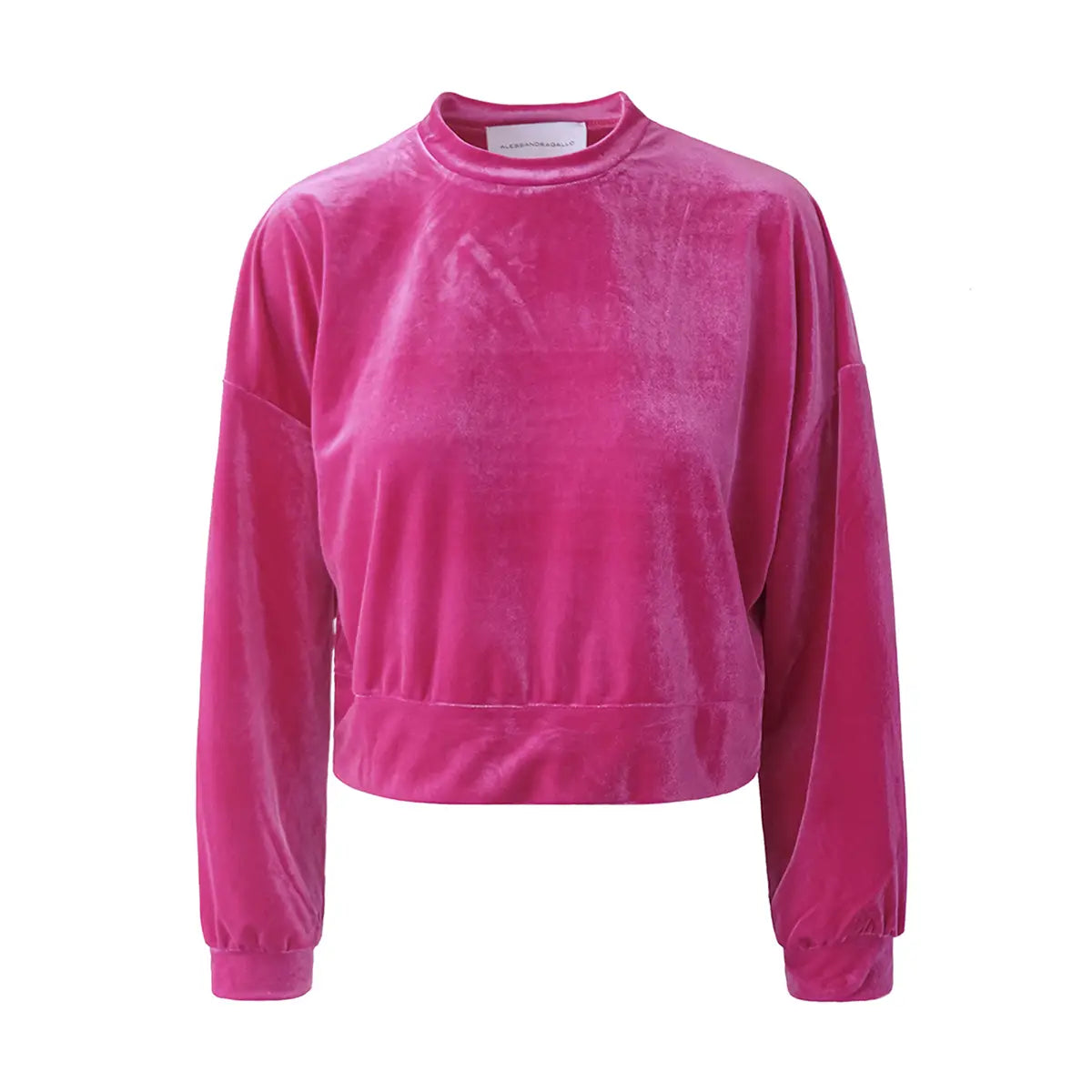 Felpa crop IOLE di Alessandra Gallo in ciniglia fucsia con girocollo e maniche lunghe - vista frontale - Day&Night Collection