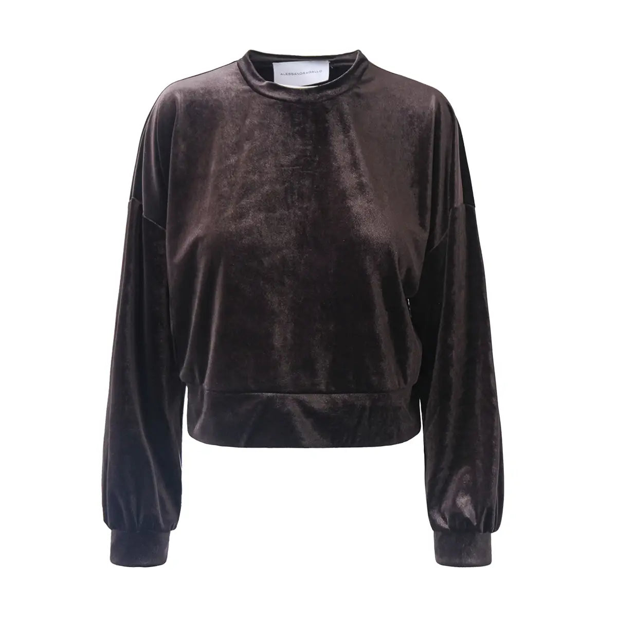 Felpa crop IOLE di Alessandra Gallo in ciniglia marrone con girocollo e maniche lunghe - vista frontale - Day&Night Collection