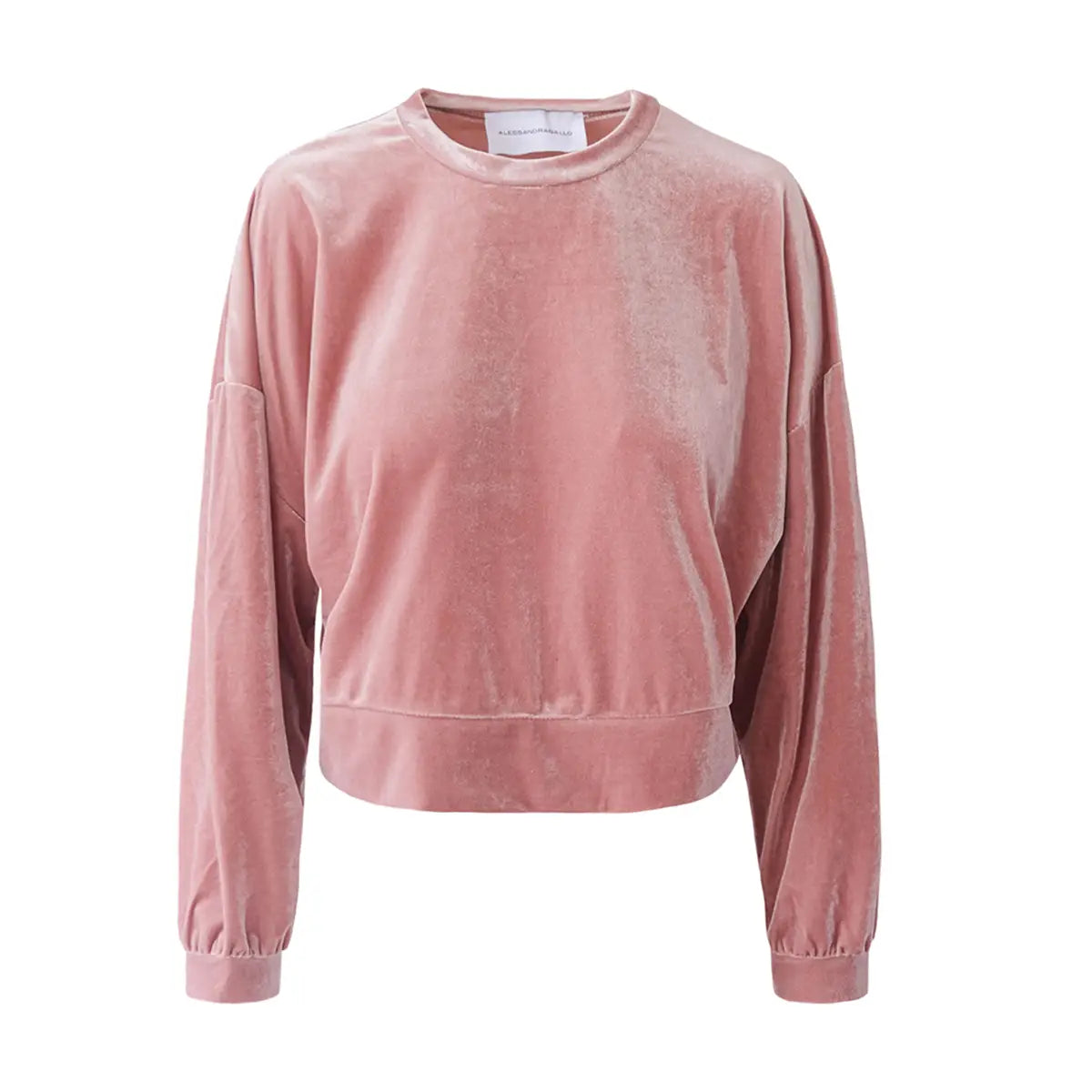 Felpa crop IOLE di Alessandra Gallo in ciniglia rosa con girocollo e maniche lunghe - vista frontale - Day&Night Collection