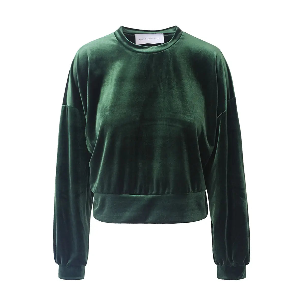 Felpa crop IOLE di Alessandra Gallo in ciniglia verde smeraldo con girocollo e maniche lunghe - vista frontale - Day&Night Collection