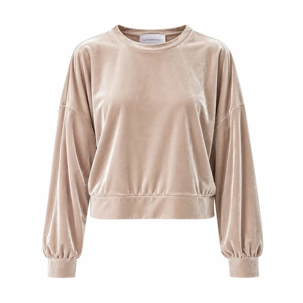 IOLE, felpa crop in ciniglia beige con girocollo e maniche raccolte ai polsi.