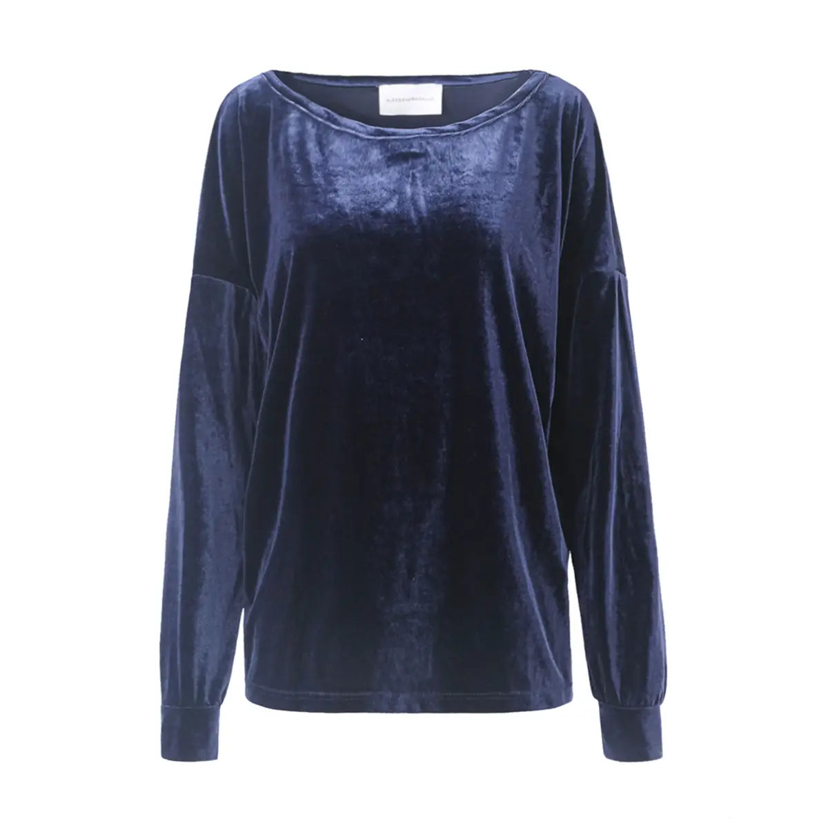 Felpa LAVINIA di Alessandra Gallo in ciniglia blu con scollo barchetta e maniche lunghe - vista frontale - Day&Night Collection