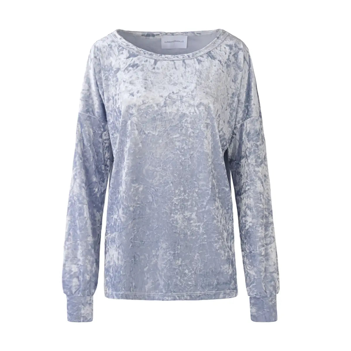 Felpa LAVINIA di Alessandra Gallo in ciniglia martellata azzurra con scollo barchetta e maniche lunghe - vista frontale - Day&Night Collection