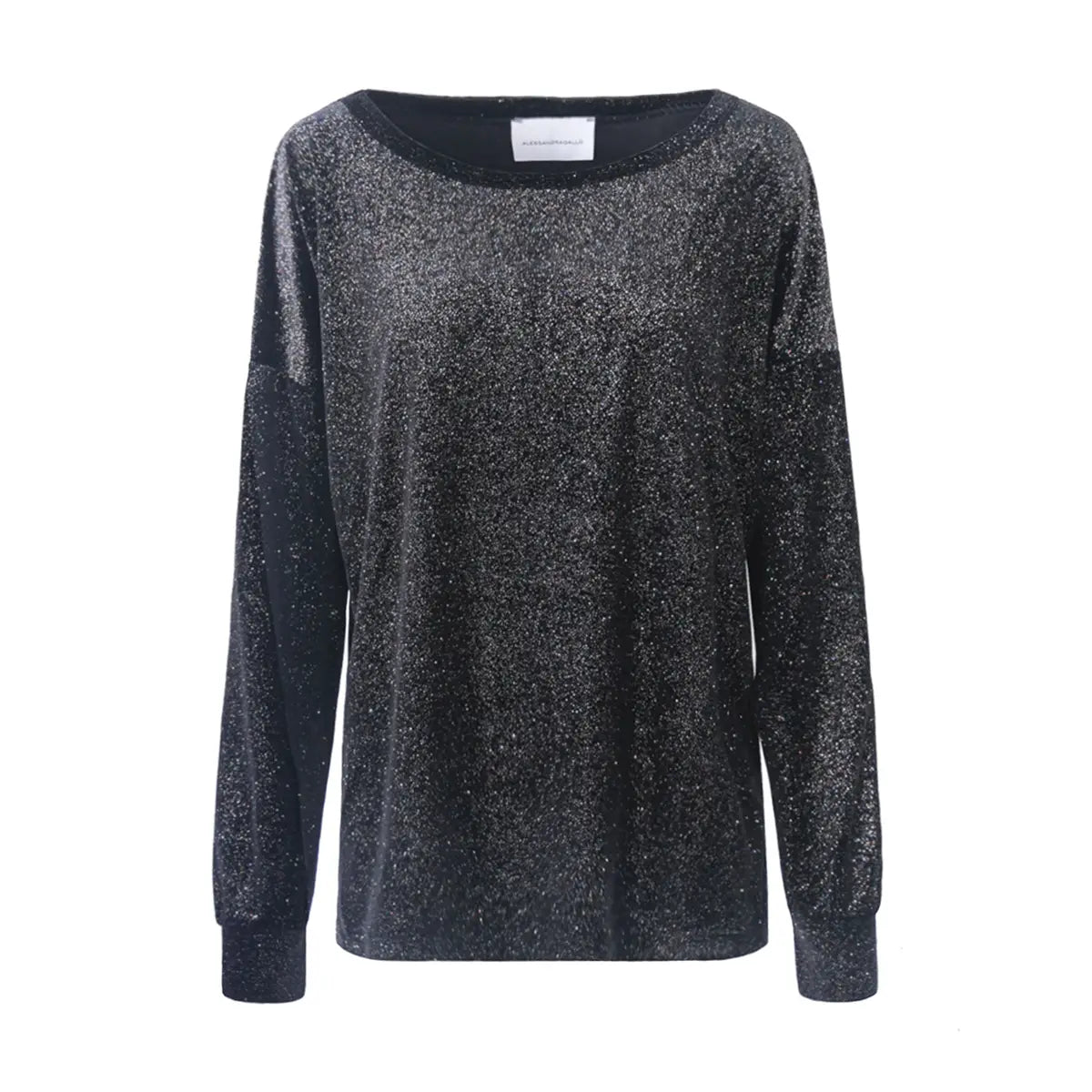 Felpa LAVINIA di Alessandra Gallo in ciniglia sparkling nera con scollo barchetta e maniche lunghe - vista frontale - Day&Night Collection