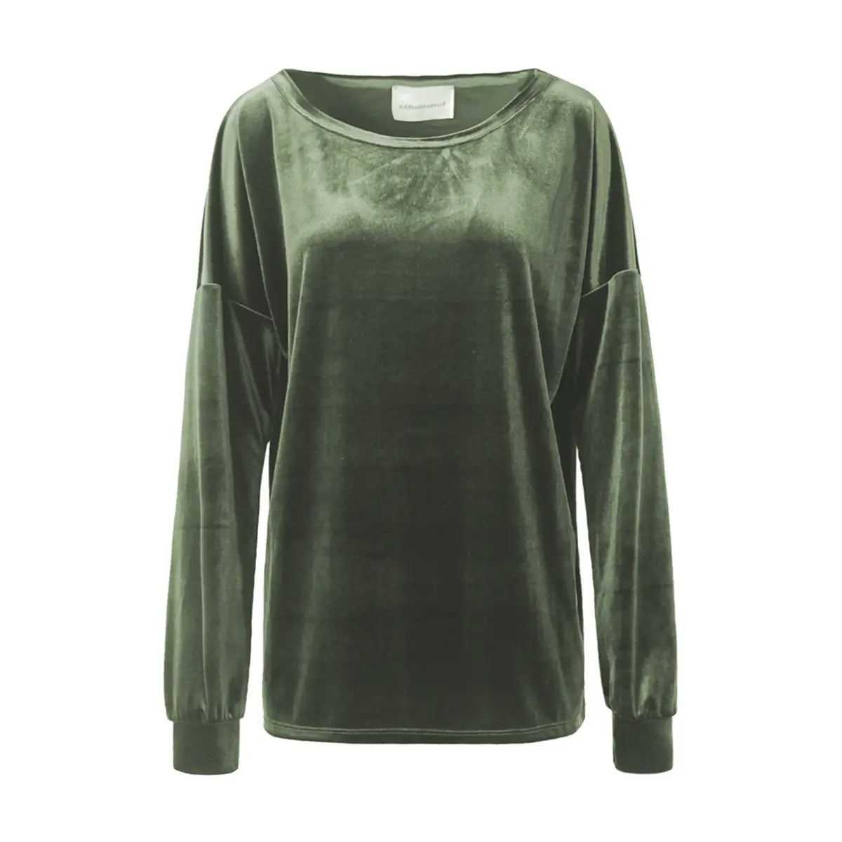 Felpa LAVINIA di Alessandra Gallo in ciniglia verde militare con scollo barchetta e maniche lunghe - vista frontale - Day&Night Collection